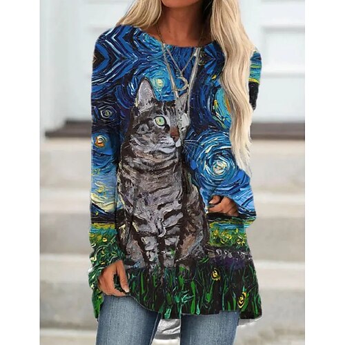 Women's T shirt Tee Blue Cat Patchwork Print Long Sleeve Casual Daily Vintage Round Neck Regular Cat S
Women's T shirt Tee Blue Cat Patchwork Print Long Sleeve Casual Daily Vintage Round Neck Regular Cat S