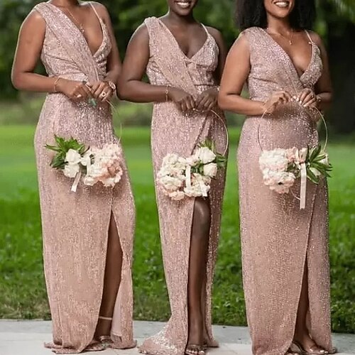 

Sheath / Column Bridesmaid Dress V Neck Sleeveless Sparkle & Shine Sweep / Brush Train Sequined with Split Front / Solid Color 2022