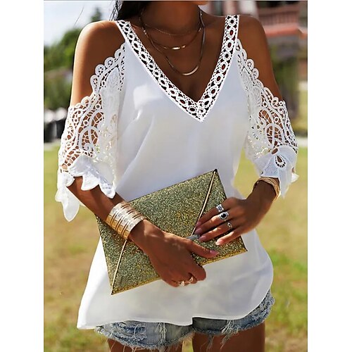 Women's Shirt Plain Holiday Weekend Shirt Half Sleeve Cut Out Lace V Neck Casual Streetwear White S
Women's Shirt Plain Holiday Weekend Shirt Half Sleeve Cut Out Lace V Neck Casual Streetwear White S