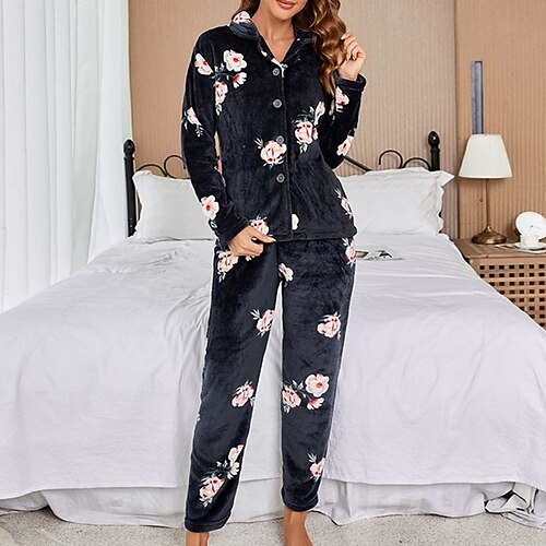 Women's Pajamas Sets 2 Pieces Flower Comfort Soft Home Vacation Polyester Warm Lapel Long Sleeve Pant Button Winter Fall Black / Flannel
Women's Pajamas Sets 2 Pieces Flower Comfort Soft Home Vacation Polyester Warm Lapel Long Sleeve Pant Button Winter Fall Black / Flannel