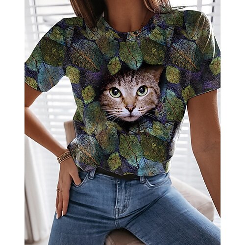 Women's T shirt Tee Green Leaf Cat Print Short Sleeve Casual Weekend Basic Round Neck Regular Floral 3D Cat Painting S
Women's T shirt Tee Green Leaf Cat Print Short Sleeve Casual Weekend Basic Round Neck Regular Floral 3D Cat Painting S