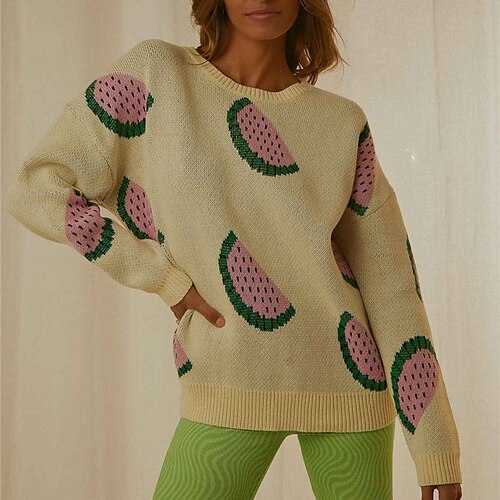Women's Pullover Sweater Jumper Ribbed Knit Knitted Fruit Crew Neck Stylish Casual Daily Holiday Fall Winter Yellow Beige S M L / Long Sleeve / Regular Fit / Going out
Women's Pullover Sweater Jumper Ribbed Knit Knitted Fruit Crew Neck Stylish Casual Daily Holiday Fall Winter Yellow Beige S M L / Long Sleeve / Regular Fit / Going out