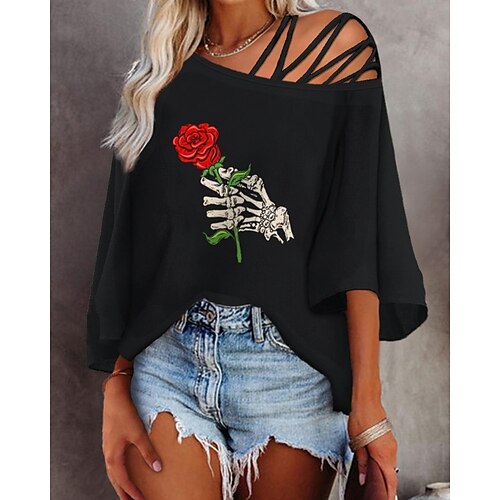 Women's T shirt Tee Black Skull Rose Cold Shoulder Print 3/4 Length Sleeve Casual Weekend Basic One Shoulder Regular Floral Painting S / 3D Print
Women's T shirt Tee Black Skull Rose Cold Shoulder Print 3/4 Length Sleeve Casual Weekend Basic One Shoulder Regular Floral Painting S / 3D Print
