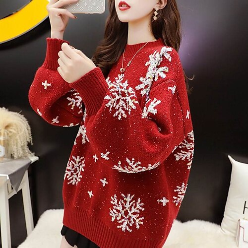 

Women's Ugly Christmas Sweater Pullover Sweater Jumper Crochet Knit Knitted Snowflake Crew Neck Casual Christmas Holiday Winter Fall Green Black One-Size / Cotton / Long Sleeve / Cotton / Loose Fit