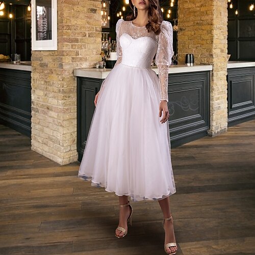 

Princess A-Line Wedding Dresses Jewel Neck Tea Length Lace Tulle Sleeveless Romantic Sexy Cocktail Little White Dress See-Through Party with Sashes / Ribbons Pleats Beading 2022