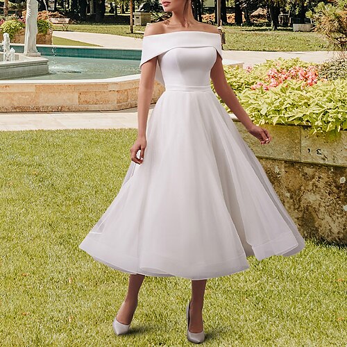A-Line Wedding Dresses Off Shoulder Tea Length Satin Tulle Sleeveless Simple Vintage Sexy Little White Dress Backless 1950s with Sashes / Ribbons Solid Color 2022
A-Line Wedding Dresses Off Shoulder Tea Length Satin Tulle Sleeveless Simple Vintage Sexy Little White Dress Backless 1950s with Sashes / Ribbons Solid Color 2022