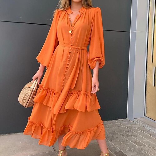 Women's A Line Dress Maxi long Dress Orange 3/4 Length Sleeve Pure Color Ruched Ruffle Button Fall Spring Stand Collar Stylish Modern 2022 S M L XL
Women's A Line Dress Maxi long Dress Orange 3/4 Length Sleeve Pure Color Ruched Ruffle Button Fall Spring Stand Collar Stylish Modern 2022 S M L XL