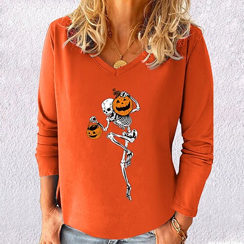 Women's T shirt Tee Skull Pumpkin Halloween Weekend Painting T shirt Tee Long Sleeve Print V Neck Basic Black Blue Gray S
Women's T shirt Tee Skull Pumpkin Halloween Weekend Painting T shirt Tee Long Sleeve Print V Neck Basic Black Blue Gray S