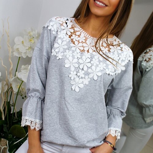 Women's Blouse Plain Weekend Blouse Shirt Long Sleeve Lace Patchwork Round Neck Casual Streetwear Gray S / 3D Print
Women's Blouse Plain Weekend Blouse Shirt Long Sleeve Lace Patchwork Round Neck Casual Streetwear Gray S / 3D Print