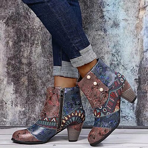 

Women's Boots Boho Bohemia Beach Plus Size Party Outdoor Office Floral Geometric Booties Ankle Boots Winter Beading Chunky Heel Round Toe Vintage Walking PU Zipper Brown Rainbow