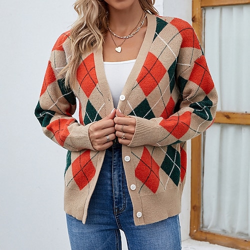 

Women's Cardigan Sweater Jumper Crochet Knit Button Knitted Argyle V Neck Stylish Casual Outdoor Daily Winter Fall Green Camel S M L / Long Sleeve / Regular Fit / Going out