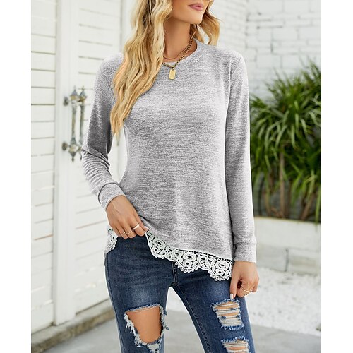 Women's T shirt Tee Plain Casual Weekend T shirt Tee Long Sleeve Pocket Lace Trims Round Neck Basic Green Black Light gray S
Women's T shirt Tee Plain Casual Weekend T shirt Tee Long Sleeve Pocket Lace Trims Round Neck Basic Green Black Light gray S