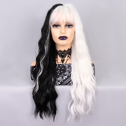 

Cosplay Costume Wig Synthetic Wig Curella Karneval Body Wave Wavy Middle Part Neat Bang Wig 28 inch Black-white Synthetic Hair 28 inch Women's Cosplay Soft Dark Roots Black White / Party / Daily