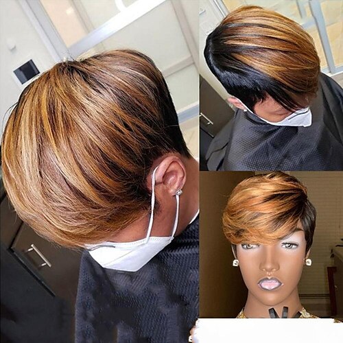 

Straight Machine Made Pixie Cut Wigs For Black Women Short Honey Blonde Ombre Color Brazilian Remy Hair Bob Wig With Bangs