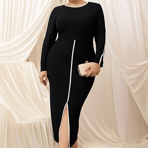 Women's Plus Size Work Dress Striped Crew Neck Split Long Sleeve Spring Fall Work Sexy Midi Dress Daily Vacation Dress
Women's Plus Size Work Dress Striped Crew Neck Split Long Sleeve Spring Fall Work Sexy Midi Dress Daily Vacation Dress