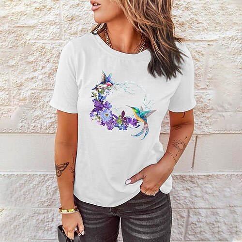 Women's T shirt Tee Pink Fuchsia Navy Blue Floral Bird Print Short Sleeve Casual Weekend Basic Round Neck Regular Cotton Floral Painting S
Women's T shirt Tee Pink Fuchsia Navy Blue Floral Bird Print Short Sleeve Casual Weekend Basic Round Neck Regular Cotton Floral Painting S