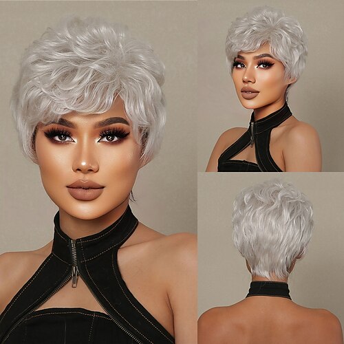 

Human Hair Blend Wig Short Curly Bouncy Curl Pixie Cut Side Part Layered Haircut Asymmetrical Blonde White Silver Cosplay Curler & straightener Natural Hairline Capless Brazilian Hair Women's All