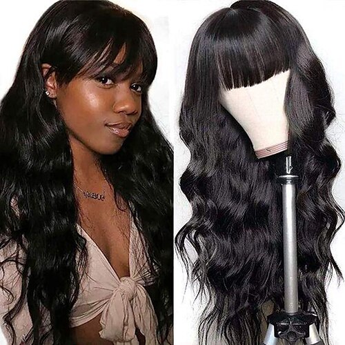 

Remy Human Hair Wig Long Body Wave Neat Bang Natural Black Adjustable Natural Hairline Machine Made Capless Brazilian Hair All Natural Black #1B 10 inch 12 inch 14 inch Daily Wear Party & Evening
