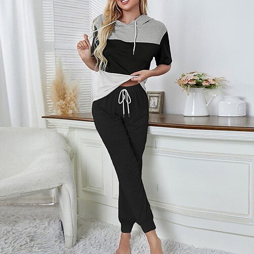 Women's Loungewear Sets Nighty 2 Pieces Color Combo Sport Comfort Home Daily Polyester Hoodie Short Sleeve Pant Hoodie Spring Summer Black
Women's Loungewear Sets Nighty 2 Pieces Color Combo Sport Comfort Home Daily Polyester Hoodie Short Sleeve Pant Hoodie Spring Summer Black