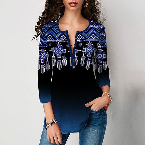 Women's Blouse Shirt Blue Purple Orange Geometric Button Print 3/4 Length Sleeve Daily Weekend Ethnic Casual Round Neck Regular Geometric S / 3D Print
Women's Blouse Shirt Blue Purple Orange Geometric Button Print 3/4 Length Sleeve Daily Weekend Ethnic Casual Round Neck Regular Geometric S / 3D Print