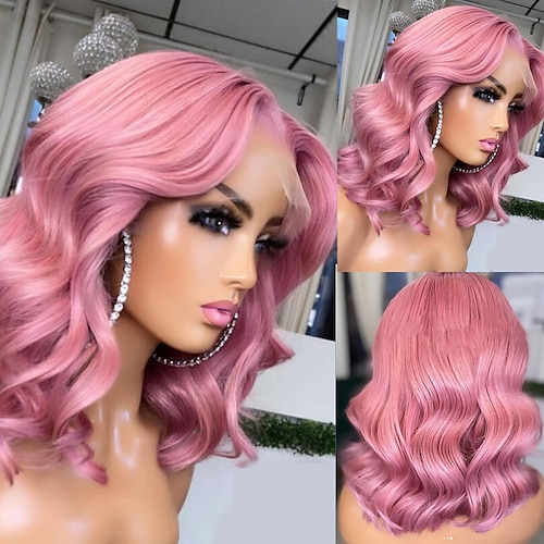 

Remy Human Hair 13x4 Lace Front Wig Bob Free Part Brazilian Hair Wavy Pink Wig 130% 150% Density with Baby Hair Natural Hairline 100% Virgin Glueless Pre-Plucked For Women wigs for black women Short