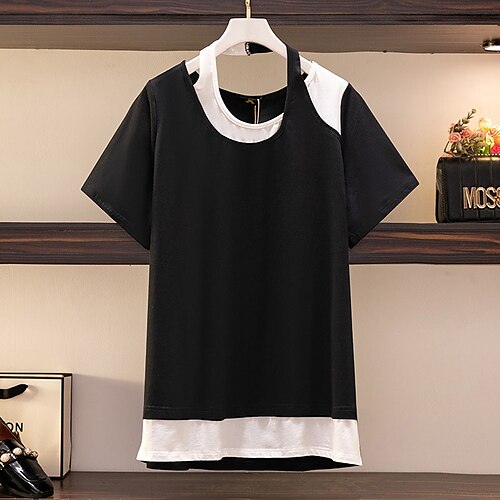 Women's Plus Size Tops T shirt Tee Color Block Fake two piece Short Sleeve Halter Neck Basic Streetwear Daily Sports Cotton Spring Summer White Black
Women's Plus Size Tops T shirt Tee Color Block Fake two piece Short Sleeve Halter Neck Basic Streetwear Daily Sports Cotton Spring Summer White Black