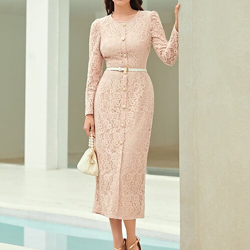 Women's Lace Dress Sheath Dress Midi Dress Light Pink Long Sleeve Pure Color Lace Button Fall Winter Crew Neck Stylish Elegant Modern 2022 XS S M L XL
Women's Lace Dress Sheath Dress Midi Dress Light Pink Long Sleeve Pure Color Lace Button Fall Winter Crew Neck Stylish Elegant Modern 2022 XS S M L XL