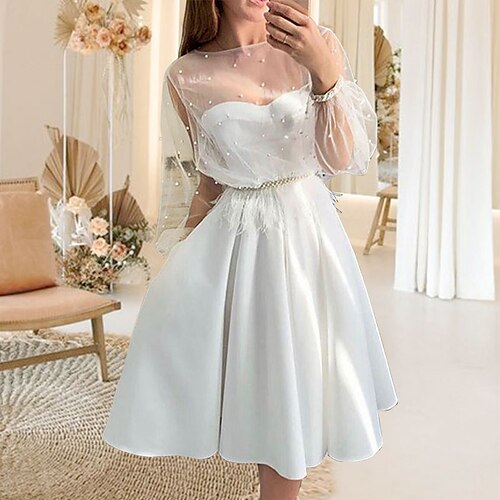 A-Line Wedding Dresses Jewel Neck Knee Length Satin Long Sleeve Romantic Boho Sexy Backless Cute Party with Pleats 2022
A-Line Wedding Dresses Jewel Neck Knee Length Satin Long Sleeve Romantic Boho Sexy Backless Cute Party with Pleats 2022