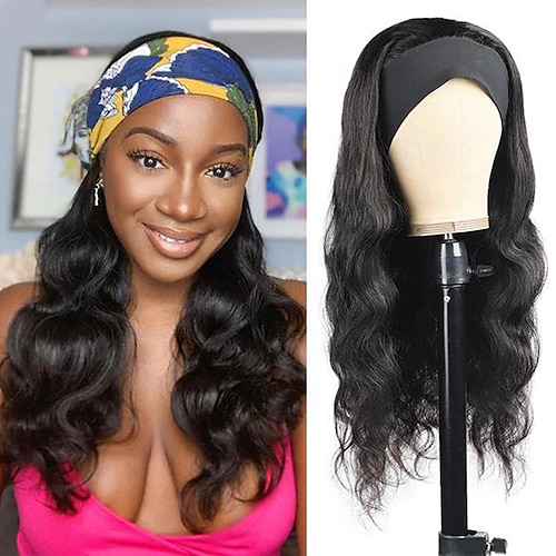 

Remy Human Hair Wig Long Body Wave With Headband Natural Black Adjustable Natural Hairline Glueless Machine Made Capless Brazilian Hair All Natural Black #1B 10 inch 12 inch 14 inch Daily Wear Party