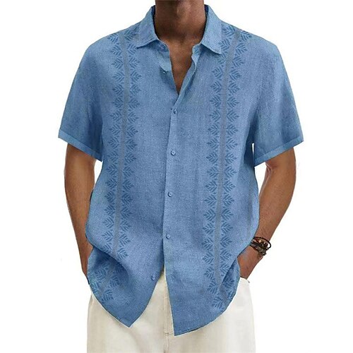 

Men's Linen Shirt Summer Shirt Beach Shirt Turndown Summer Short Sleeves Black Blue Green Tribal Hawaiian Holiday Clothing Apparel Button-Down