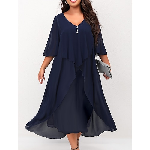 

Women's Plus Size Holiday Dress Solid Color V Neck Ruched Half Sleeve Spring Fall Casual Maxi long Dress Holiday Date Dress / Vacation / Mesh / Layered
