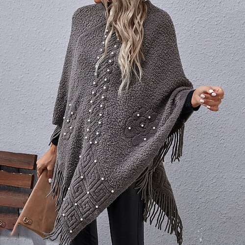 

Women's Poncho Sweater Jumper Ribbed Knit Knitted Pure Color Crew Neck Stylish Casual Outdoor Daily Winter Fall Khaki Red S M L / Long Sleeve / Regular Fit / Going out