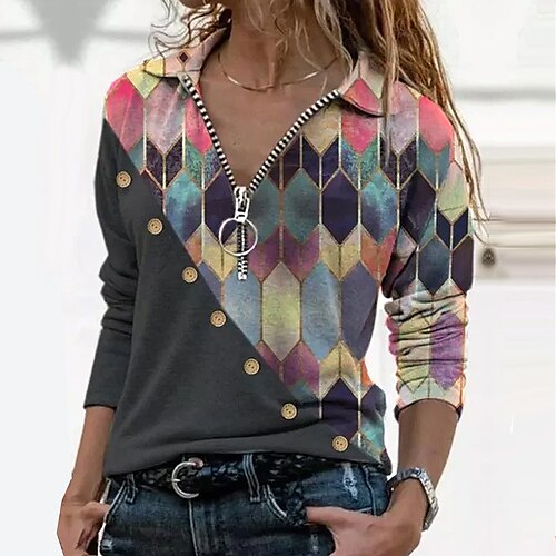 Women's T shirt Tee Black Geometric Color Block Quarter Zip Print Long Sleeve Daily Weekend Basic Shirt Collar Regular Geometric Painting S / 3D Print
Women's T shirt Tee Black Geometric Color Block Quarter Zip Print Long Sleeve Daily Weekend Basic Shirt Collar Regular Geometric Painting S / 3D Print