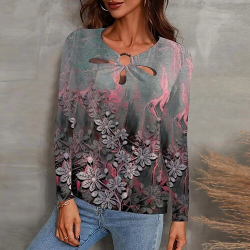 Women's T shirt Tee Blue Purple Pink Floral Cut Out Print Long Sleeve Daily Weekend Basic V Neck Regular Floral Painting S / 3D Print
Women's T shirt Tee Blue Purple Pink Floral Cut Out Print Long Sleeve Daily Weekend Basic V Neck Regular Floral Painting S / 3D Print