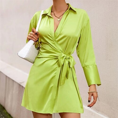 Women's Shirt Dress Wrap Dress Grass Green Pink Dark Green Long Sleeve Pure Color With Belt Winter Fall Autumn Shirt Collar Fashion Party Winter Dress Fall Dress 2022 S M L XL XXL 
Women's Shirt Dress Wrap Dress Grass Green Pink Dark Green Long Sleeve Pure Color With Belt Winter Fall Autumn Shirt Collar Fashion Party Winter Dress Fall Dress 2022 S M L XL XXL