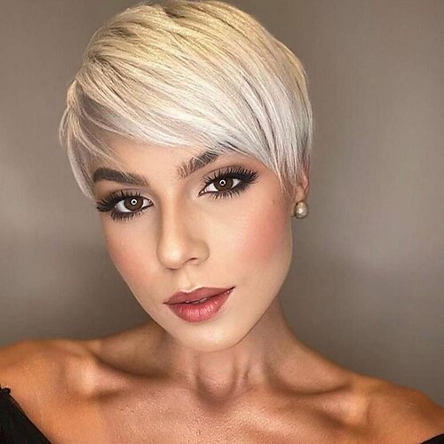 

pixie Cut Straight Remy Brazilian Hair for Black Women Machine Made Highlight Color Cheap Glueless None lace Wig
