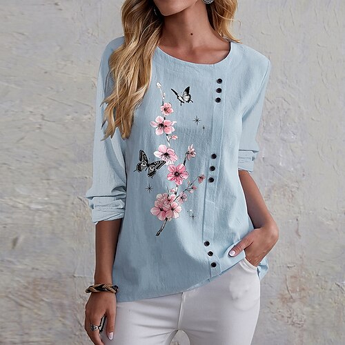 Women's T shirt Tee Blue Khaki Navy Blue Floral Butterfly Button Print Long Sleeve Holiday Weekend Basic Round Neck Regular Floral Butterfly Painting S / 3D Print
Women's T shirt Tee Blue Khaki Navy Blue Floral Butterfly Button Print Long Sleeve Holiday Weekend Basic Round Neck Regular Floral Butterfly Painting S / 3D Print