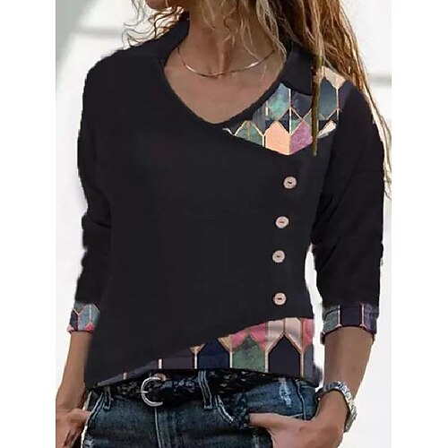 Women's T shirt Tee Blue Red Black Geometric Color Block Button Print Long Sleeve Daily Weekend Basic V Neck Regular Geometric Painting S
Women's T shirt Tee Blue Red Black Geometric Color Block Button Print Long Sleeve Daily Weekend Basic V Neck Regular Geometric Painting S