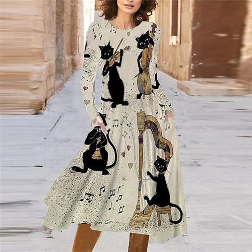 Women's Casual Dress Swing Dress Midi Dress Khaki Beige Long Sleeve Animal Cat Print Print Fall Winter Round Neck Vacation Casual 2022 S M L XL 2XL 3XL
Women's Casual Dress Swing Dress Midi Dress Khaki Beige Long Sleeve Animal Cat Print Print Fall Winter Round Neck Vacation Casual 2022 S M L XL 2XL 3XL