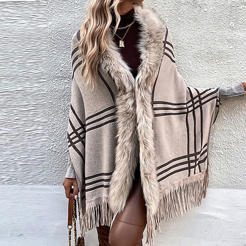 

Women's Poncho Sweater Jumper Ribbed Knit Tassel Knitted Striped V Neck Stylish Casual Outdoor Daily Winter Fall Khaki S M L / Long Sleeve / Regular Fit / Going out