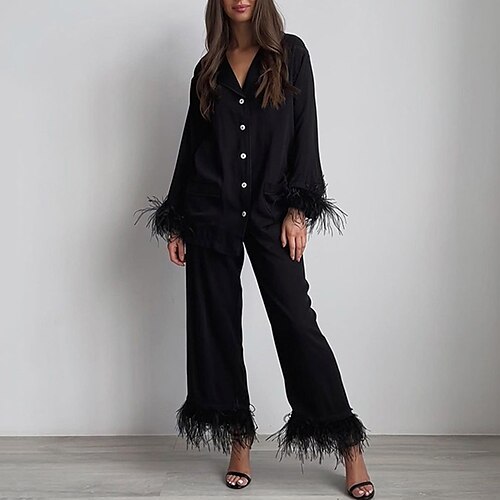 Women's Loungewear Sets Pure Color Fashion Comfort Home Street Rayon V Wire Long Sleeve Pant Pocket Feather Fall Winter White Black
Women's Loungewear Sets Pure Color Fashion Comfort Home Street Rayon V Wire Long Sleeve Pant Pocket Feather Fall Winter White Black