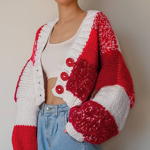 Women's Cardigan Sweater Jumper Ribbed Knit Cropped Knitted Button Color Block V Neck Shrugs Stylish Daily Holiday Fall Winter Red One-Size / Long Sleeve
Women's Cardigan Sweater Jumper Ribbed Knit Cropped Knitted Button Color Block V Neck Shrugs Stylish Daily Holiday Fall Winter Red One-Size / Long Sleeve