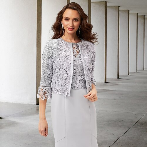 Two Piece Mermaid / Trumpet Mother of the Bride Dress Elegant Jewel Neck Knee Length Chiffon Lace 3/4 Length Sleeve Short Jacket Dresses with Appliques 2022
Two Piece Mermaid / Trumpet Mother of the Bride Dress Elegant Jewel Neck Knee Length Chiffon Lace 3/4 Length Sleeve Short Jacket Dresses with Appliques 2022