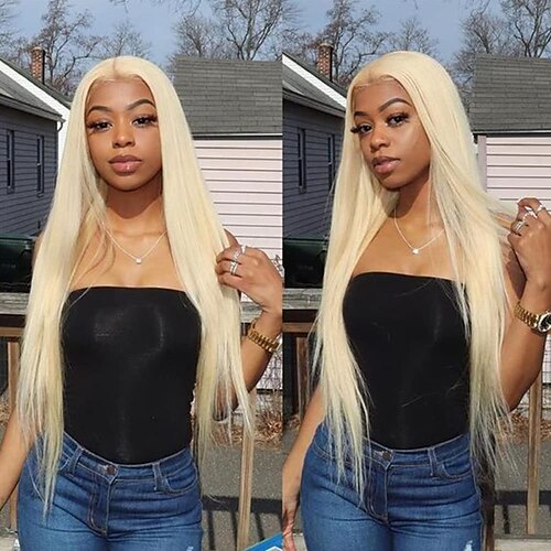 

Silky Straight Blonde Wig #613 Lace Front Wig Light Color Synthetic Lace Wigs for Women Pre Plucked Natural Hairline Soft Wig Heat Resistant Glueless Wig Middle Part 24 Inch