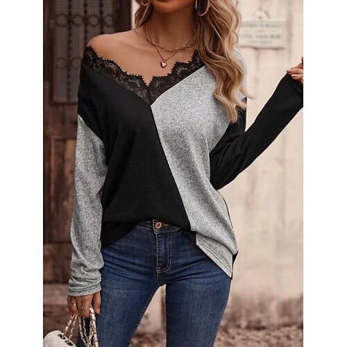 Women's T shirt Tee Black Color Block Lace Trims Long Sleeve Daily Weekend Basic V Neck Regular S
Women's T shirt Tee Black Color Block Lace Trims Long Sleeve Daily Weekend Basic V Neck Regular S