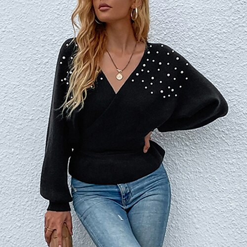 

Women's Pullover Sweater jumper Jumper Crochet Knit Rivet Knitted Color Block V Neck Stylish Casual Outdoor Daily Winter Fall Green Wine S M L / Long Sleeve / Holiday / Regular Fit / Going out