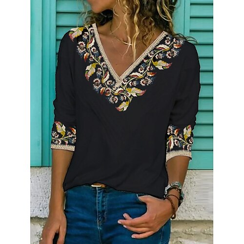 Women's T shirt Tee Green Black Floral Print 3/4 Length Sleeve Holiday Weekend Ethnic V Neck Regular Floral Painting S
Women's T shirt Tee Green Black Floral Print 3/4 Length Sleeve Holiday Weekend Ethnic V Neck Regular Floral Painting S