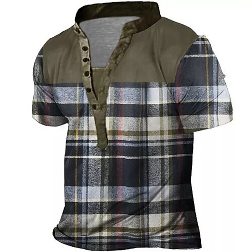 

Men's T shirt Tee Henley Shirt Tee Graphic Lattice Tartan Stand Collar Gray 3D Print Plus Size Outdoor Daily Short Sleeve Button-Down Print Clothing Apparel Basic Designer Casual Big and Tall
