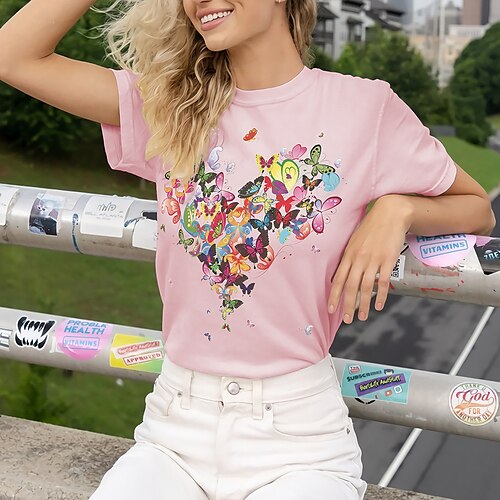 Women's T shirt Tee Pink Yellow Gray Butterfly Heart Print Short Sleeve Casual Weekend Basic Round Neck Regular Cotton Butterfly Painting S
Women's T shirt Tee Pink Yellow Gray Butterfly Heart Print Short Sleeve Casual Weekend Basic Round Neck Regular Cotton Butterfly Painting S