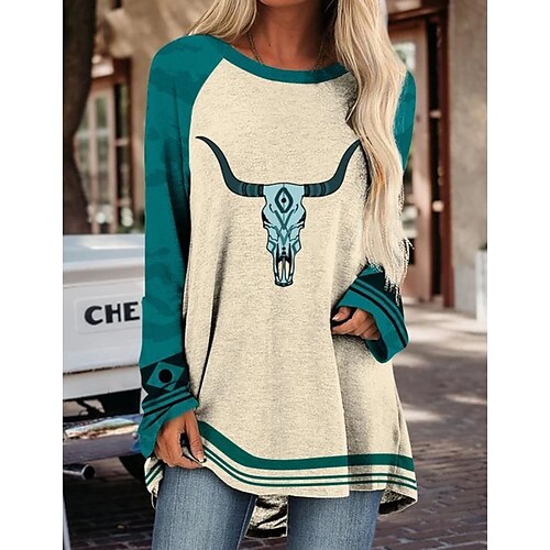 Women's T shirt Tee Blue Cow Patchwork Print Long Sleeve Home Casual Vintage Ethnic Round Neck Regular Geometric Painting S
Women's T shirt Tee Blue Cow Patchwork Print Long Sleeve Home Casual Vintage Ethnic Round Neck Regular Geometric Painting S